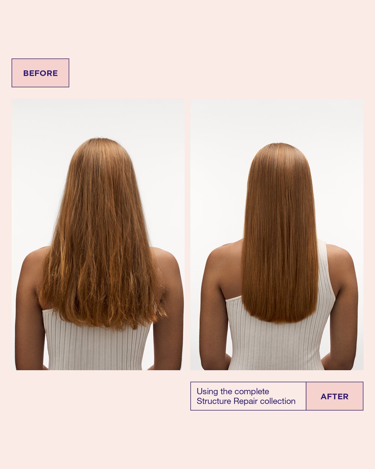 Model’s hair before and after using Structure Repair Shampoo for damaged hair