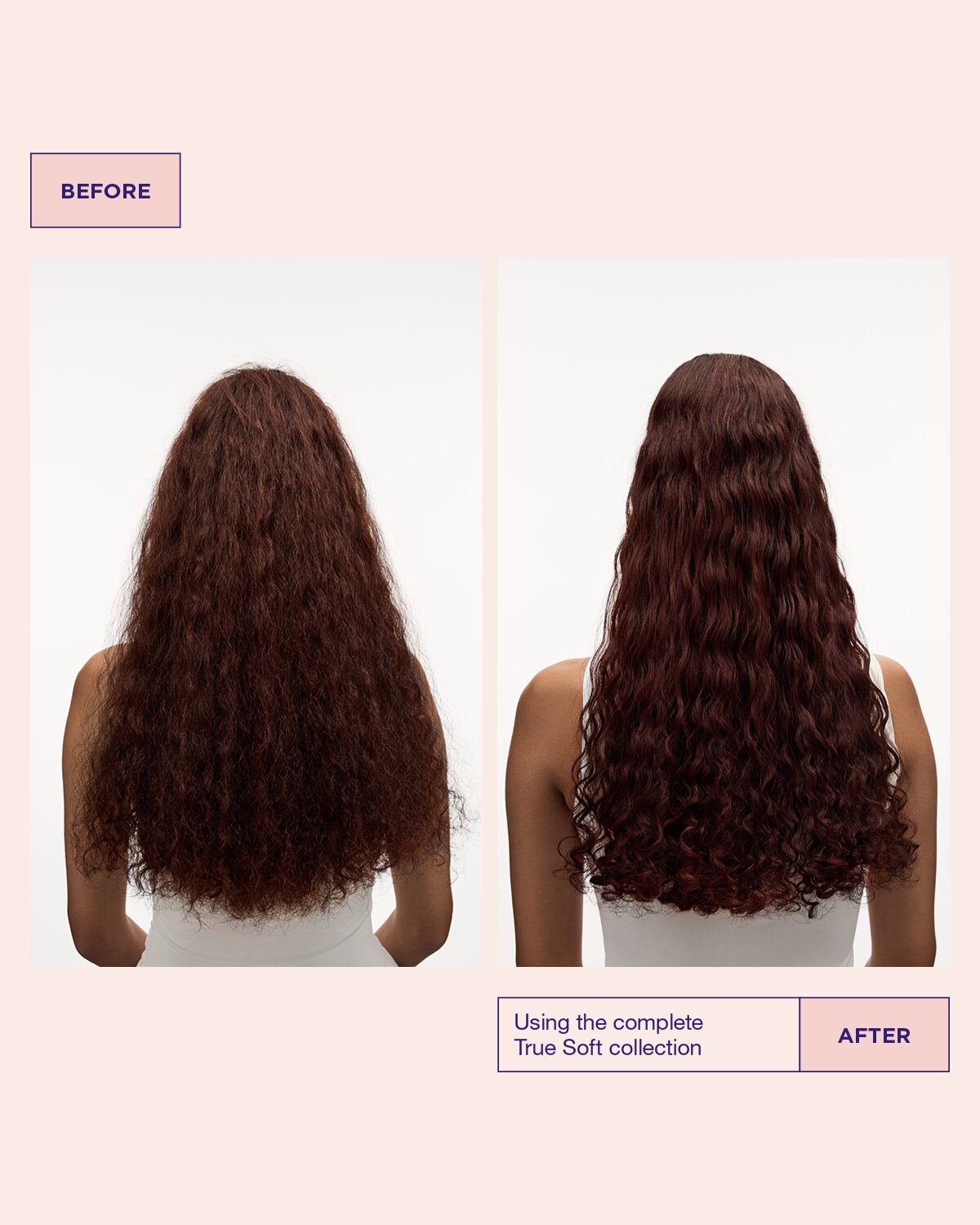 Model’s hair before and after using True Soft argan hair oil for dry hair