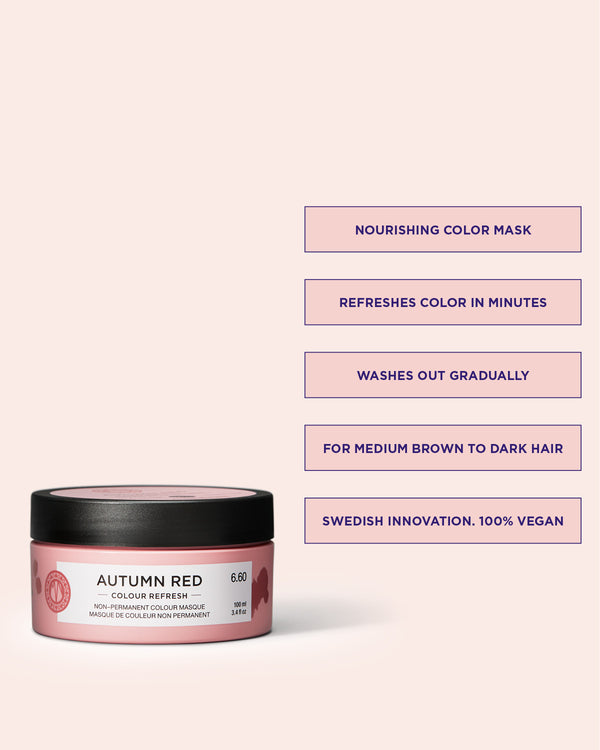 Colour Refresh Autumn Red is a color hair mask that enhances the color in medium brown to dark hair