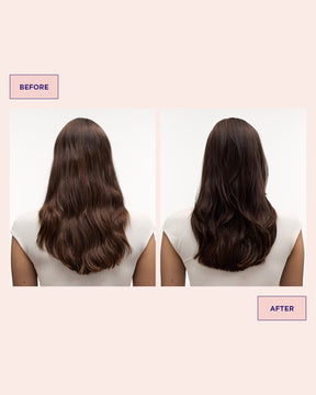 Hair before and after using Colour Refresh Cacao for deep brown tones in the hair